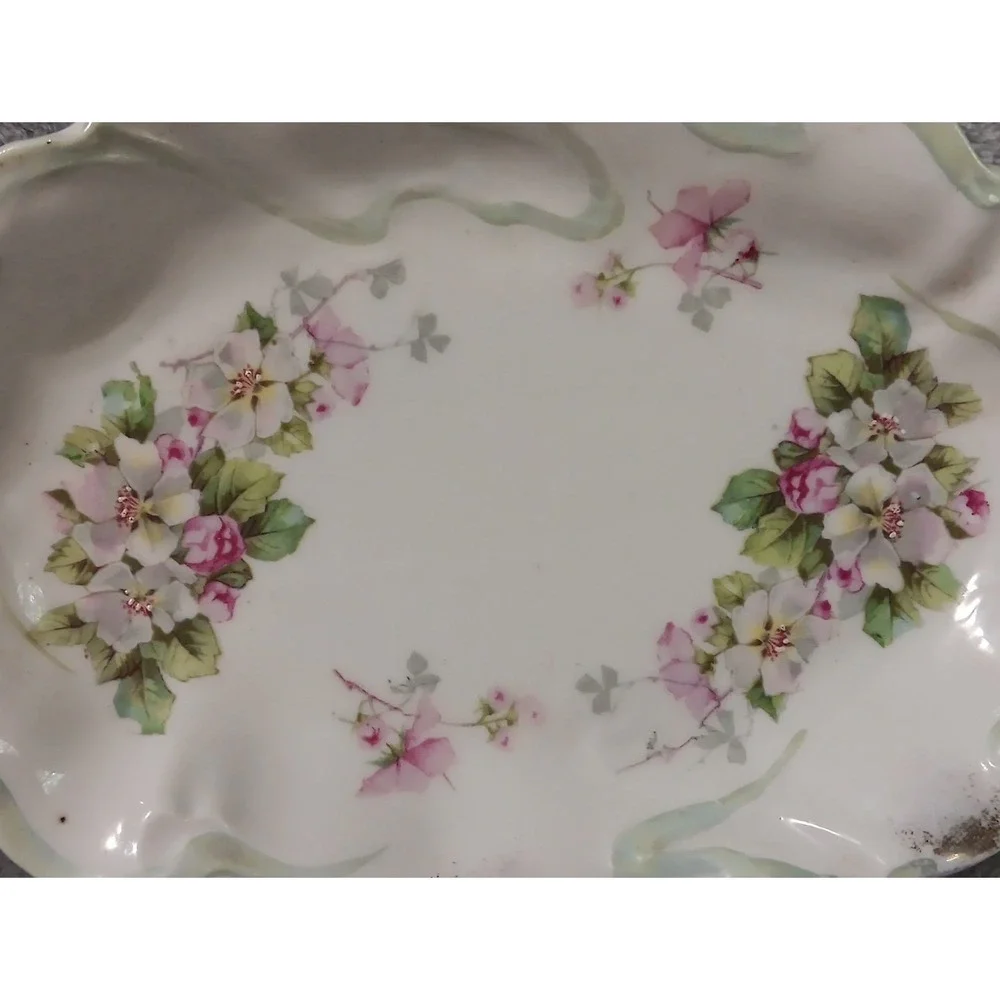 Vtg PROV SXE ES Trinket Dish Tray Gold Green Trim Wild Rose 7